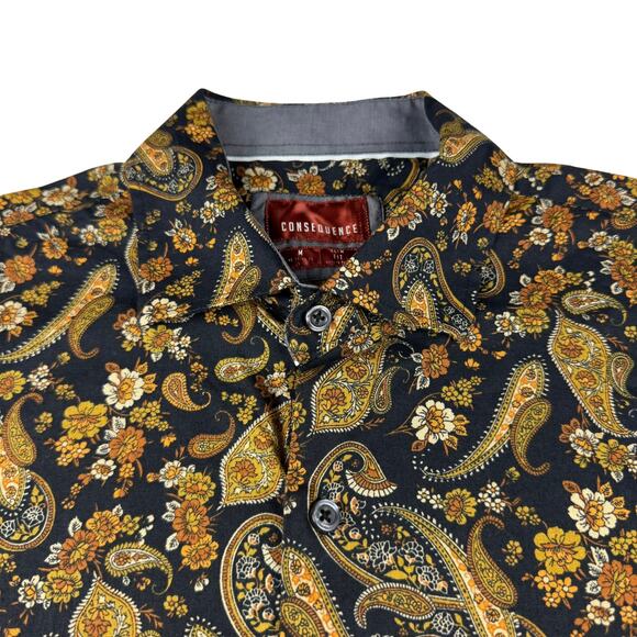 Consequence Flip Cuff Shirt Yellow Gold Paisley Button Up Slim Fit Men's M - Picture 2 of 4